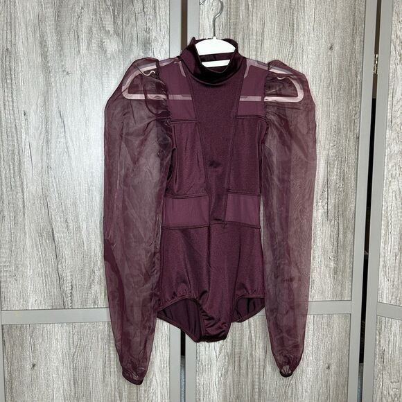 Weissman Dance Leotard Size S Burgundy Lycra Puff Sheer Sleeves - Picture 1 of 10